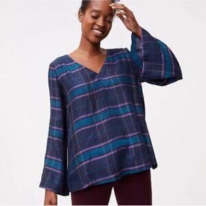 LOFT Blue Plaid Swing Top Size XS Flare Sleeve Cabincore